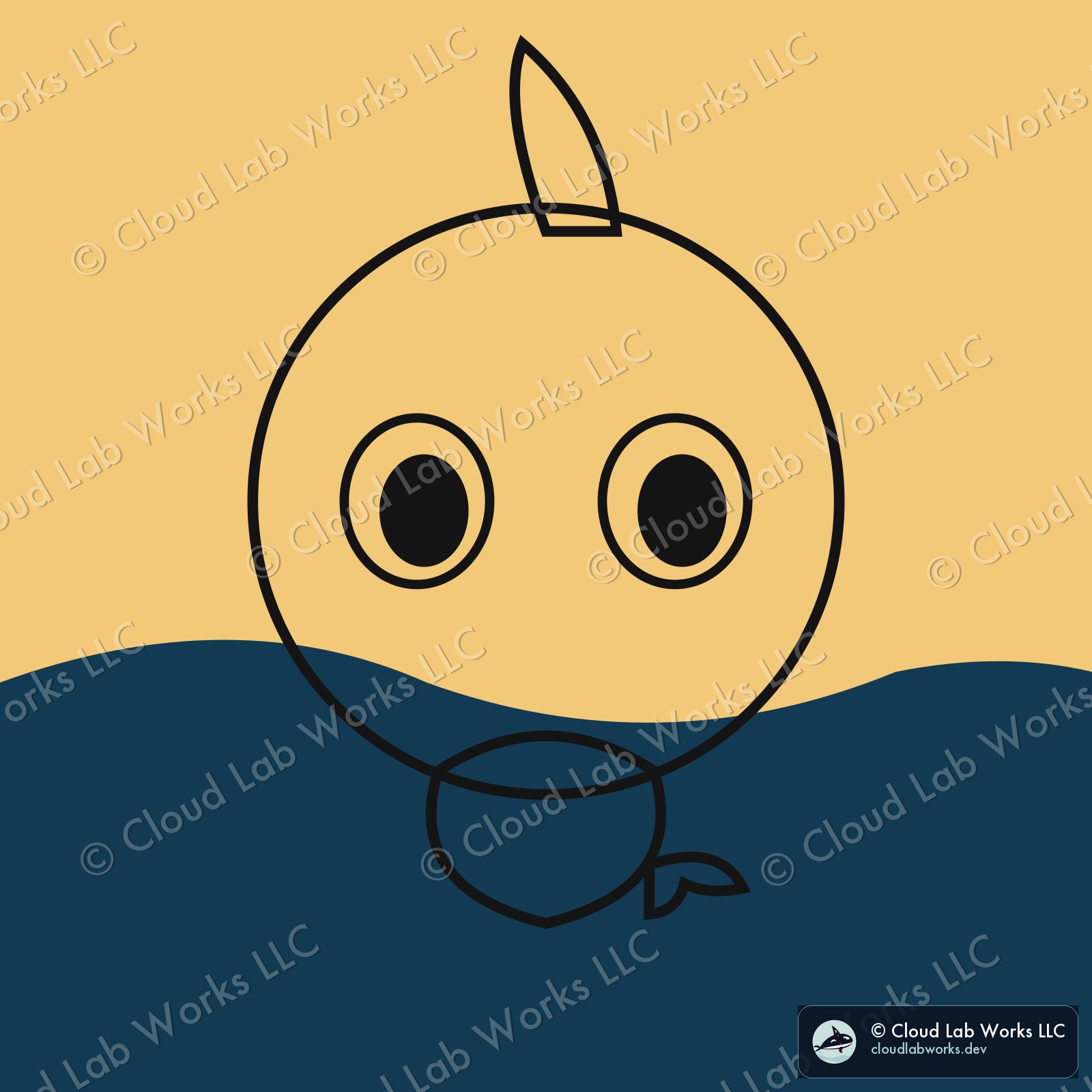 Waku, gold tide: a gold ground, one flat indigo wave, ink-line orca