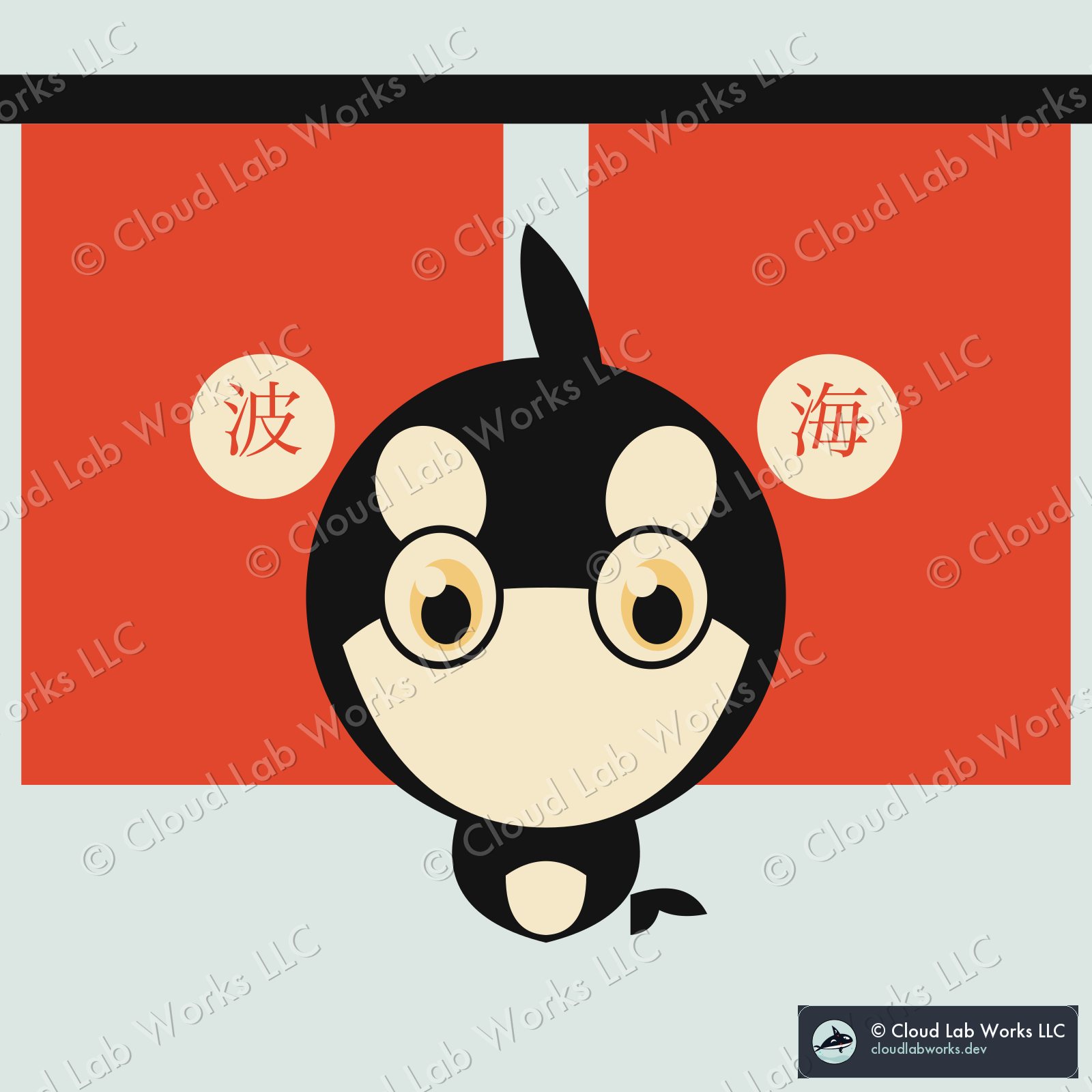 Waku, noren: a shop-curtain treatment, the orca's head through the gap