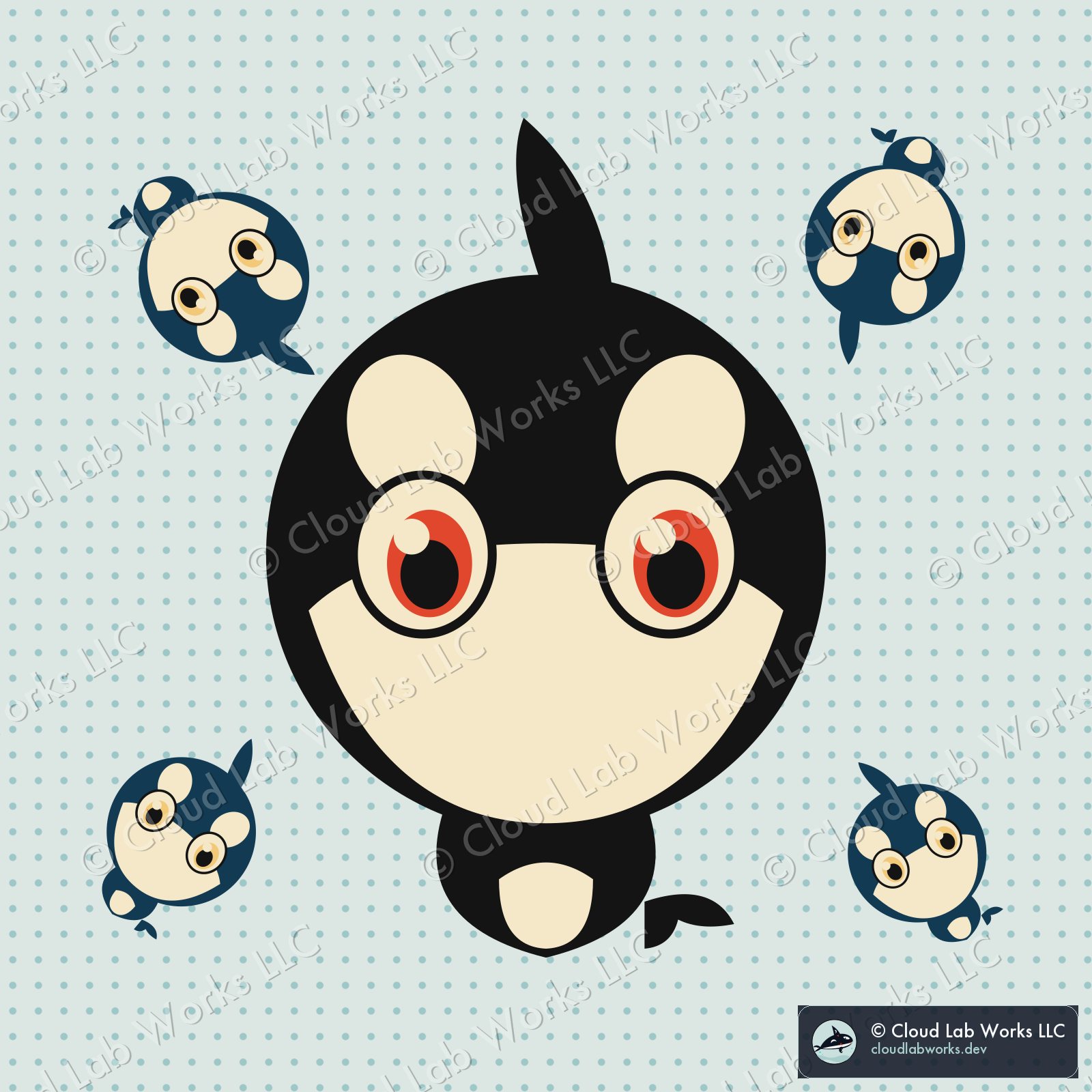 Waku, the pod: one large orca and four small ones in loose formation