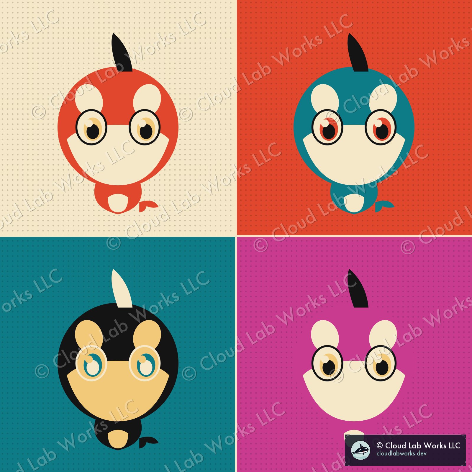 Waku, four ways: the same orca, four flat palettes, one grid