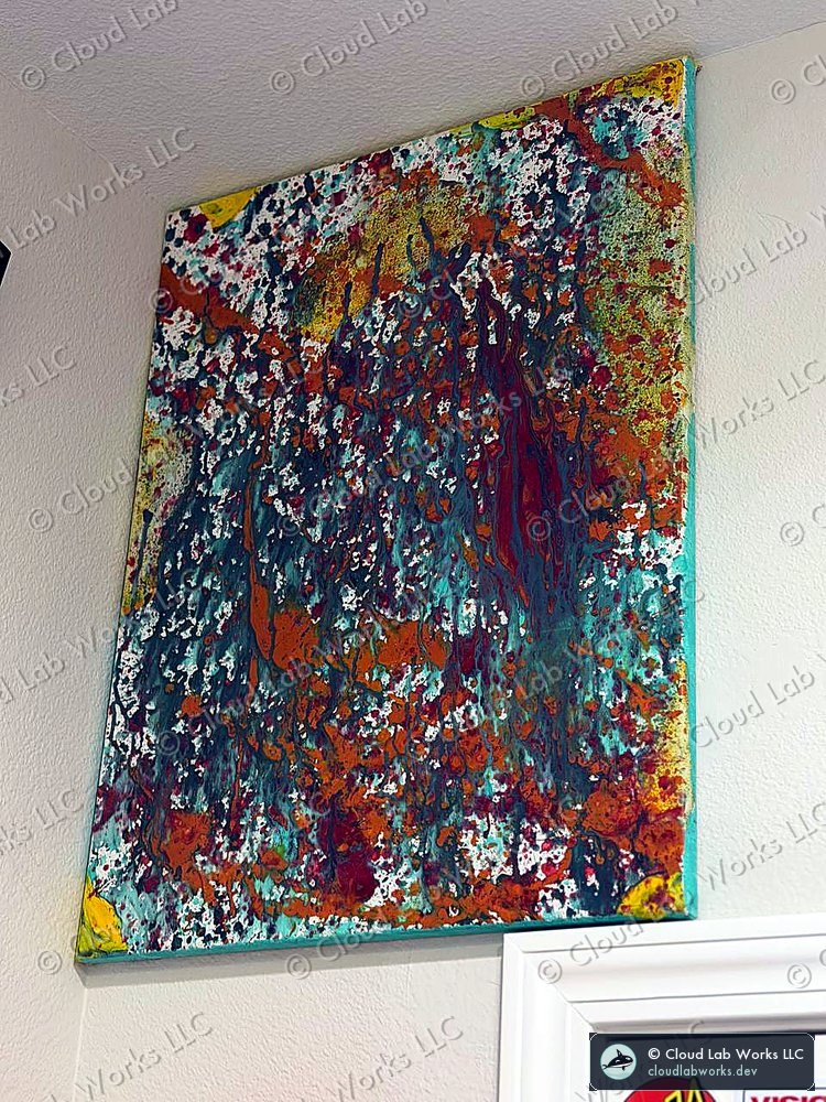 Acrylic pour canvas in teal, rust, white and gold splatter, hung on a wall