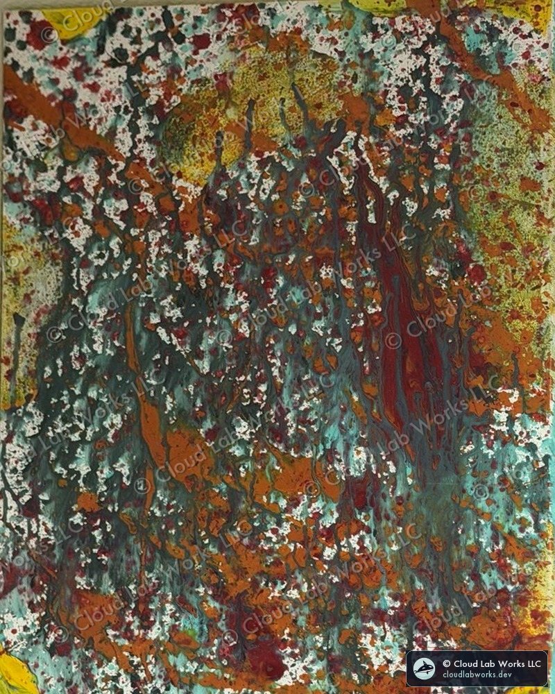 Acrylic pour on canvas: verdigris green and copper rust with white and yellow breaking through, red drips down the centre