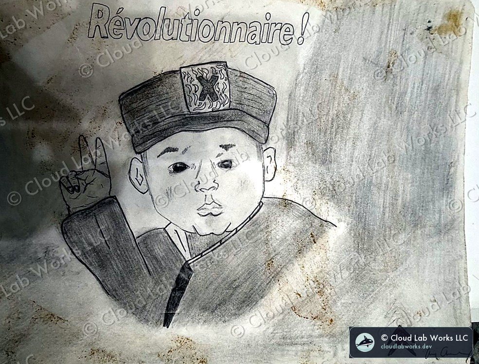 Graphite drawing by Alex Alvord of a baby in a peaked cap with an X badge, one hand raised in a peace sign, titled Revolutionnaire