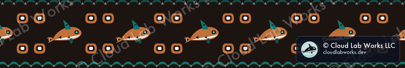 Wide banner: formline orcas, ovoids and crescents in rust and teal on dark brown