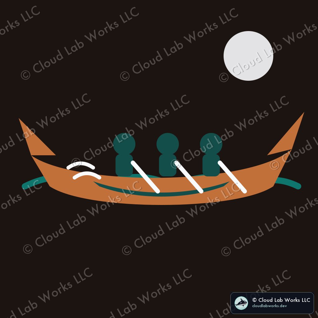 Formline cedar canoe with three paddlers under a moon