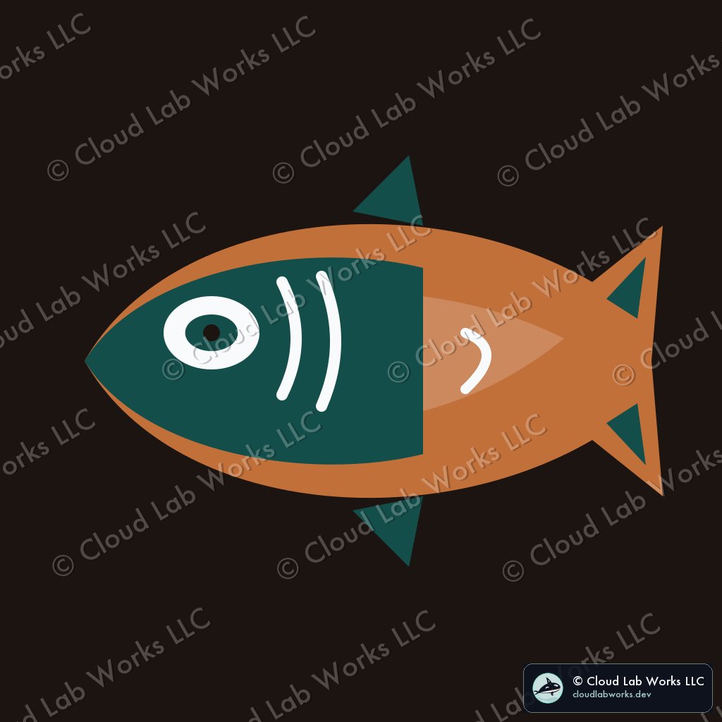 Formline salmon in rust and teal with an ovoid eye and crescent gills