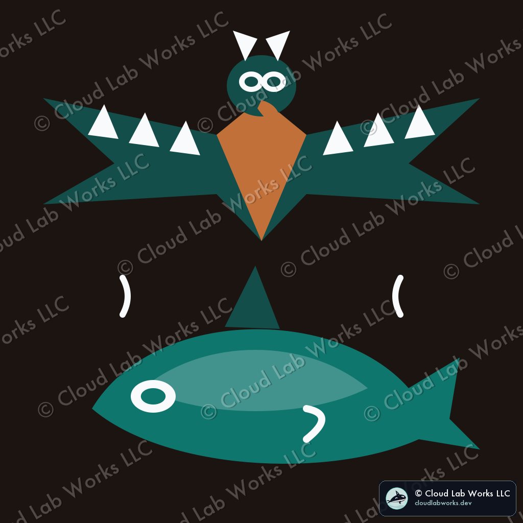 Formline thunderbird with wings spread above a whale