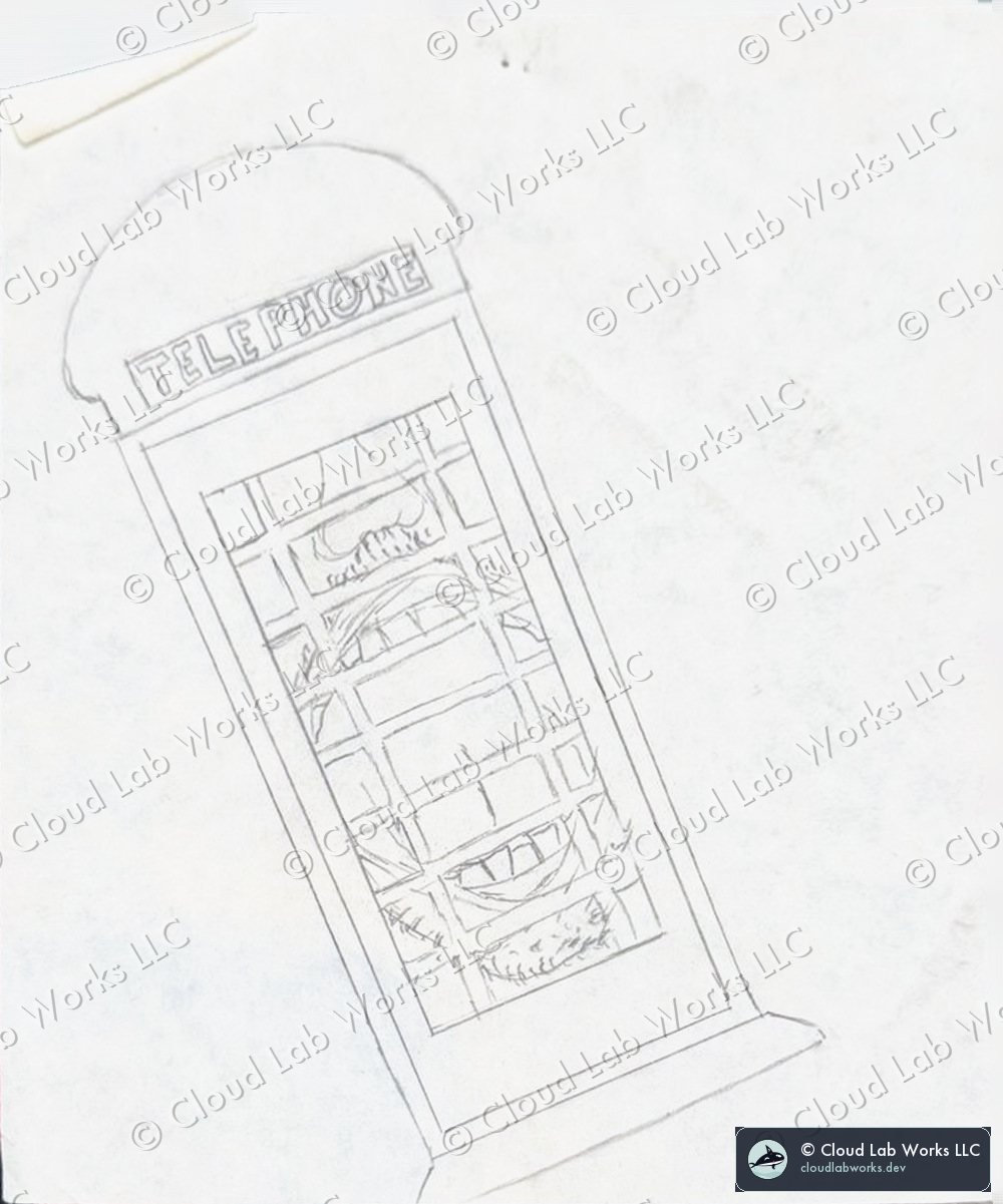 Graphite drawing by Alex Alvord of a British telephone box, the word TELEPHONE across the crown and foliage showing through the panes
