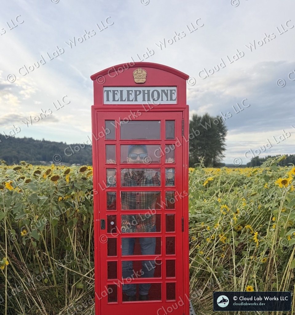 A red British telephone box standing in a sunflower field in Duvall, Washington, under a grey sky, Alex inside it in a plaid shirt and sunglasses