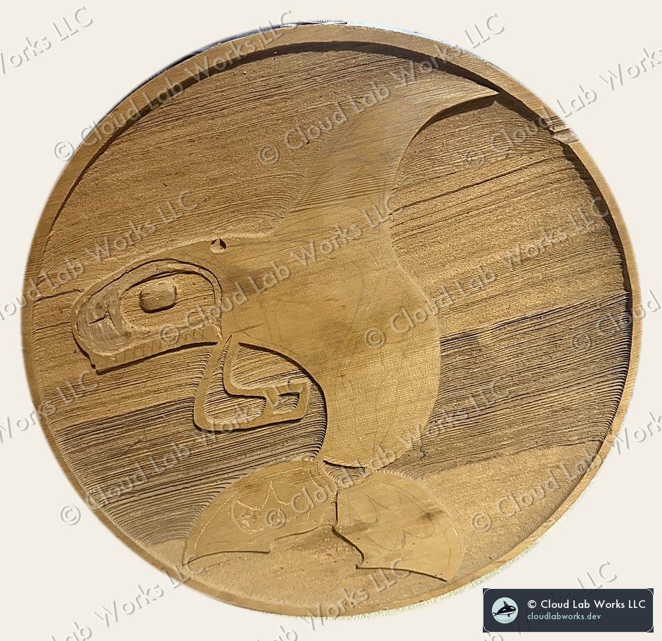 A round wooden relief carving of an orca in Coast Salish formline style, cut from a plank disc