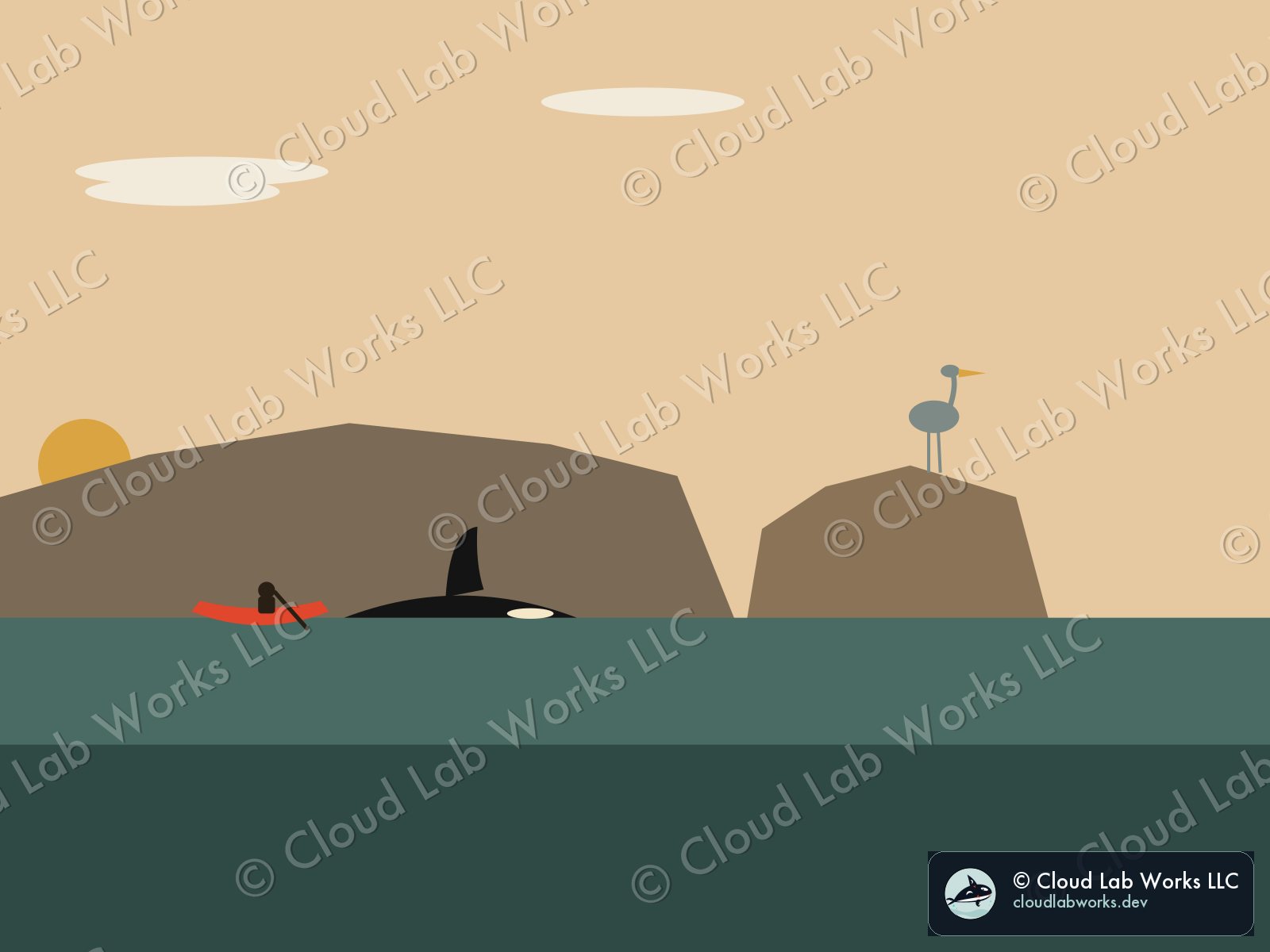 Frame 1, tick 0: a flat Salish Sea scene, canoe, orca, heron on a rock, rendered from the world's state at tick 0