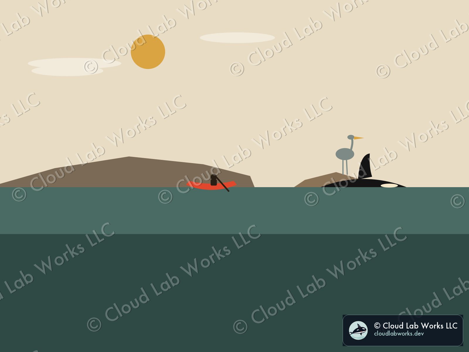 Frame 2, mid run: a flat Salish Sea scene, canoe, orca, heron on a rock, rendered from the world's state at tick 90