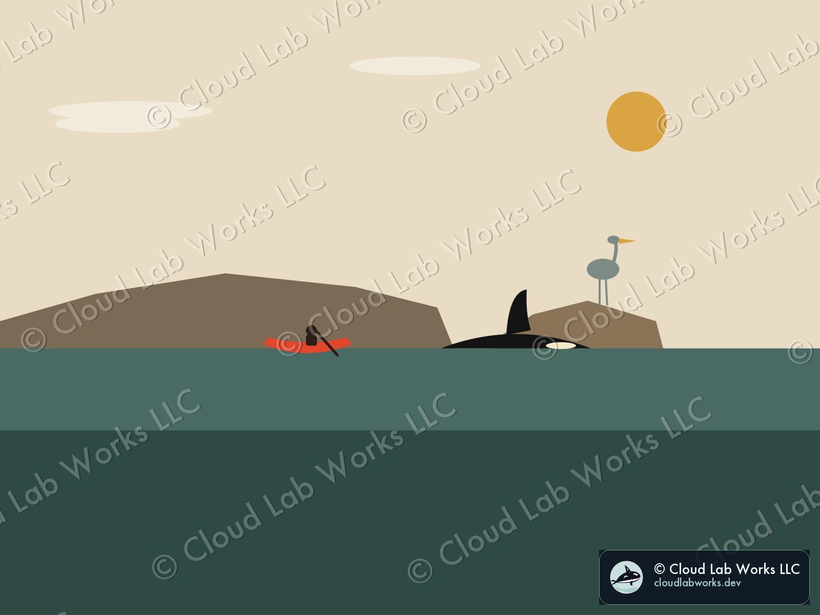 Frame 3, end of run: a flat Salish Sea scene, canoe, orca, heron on a rock, rendered from the world's state at tick 180