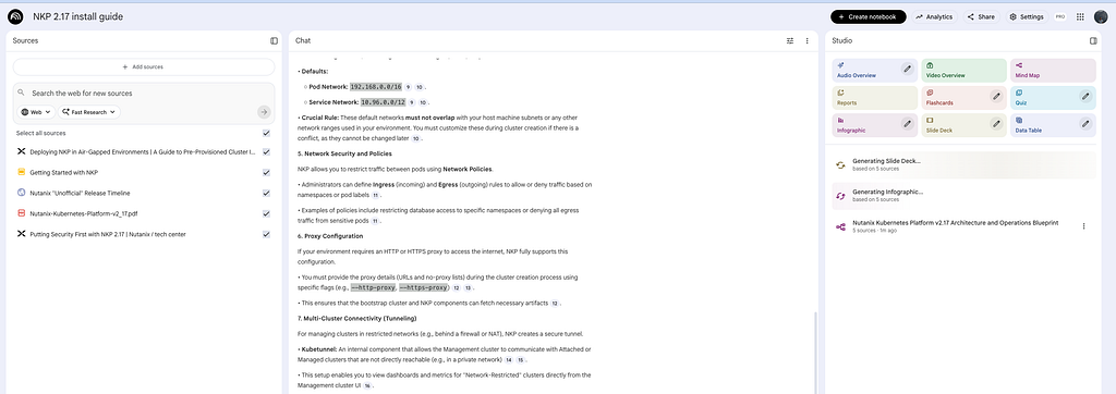 NotebookLM: sources on the left, chat in the middle, studio on the right