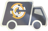 Grey box-truck sticker with an orange ring mark on the side