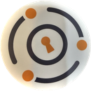 Circular sticker with an orange keyhole inside broken orbit rings